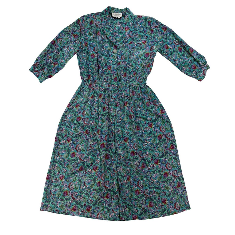 Schrader Vintage Paisley Shirt Dress Blue Purple Green Size 12 Secretary Midi